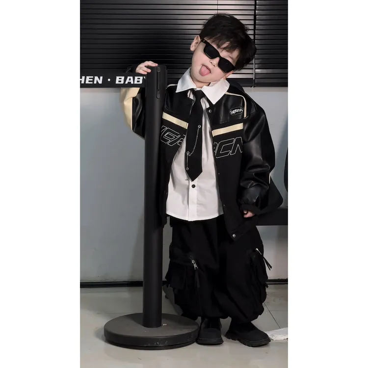 男童秋款机车夹克2025新品痞帅宽松外套工装长裤韩版痞帅版三件套