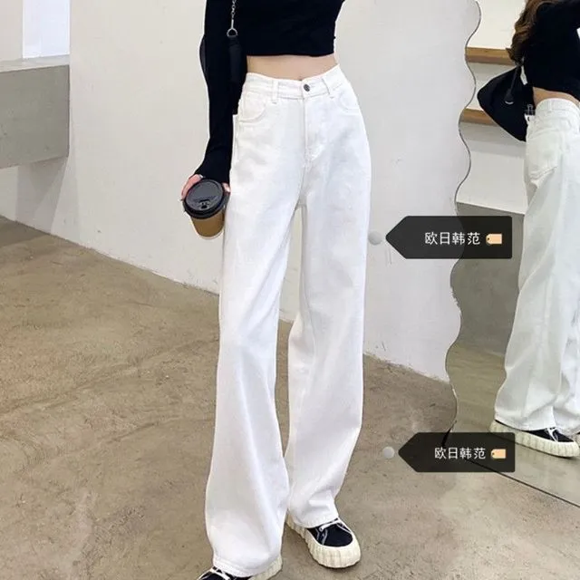 白色高腰大码牛仔裤女直筒2025秋季新款垂感宽松阔腿显瘦拖地长裤