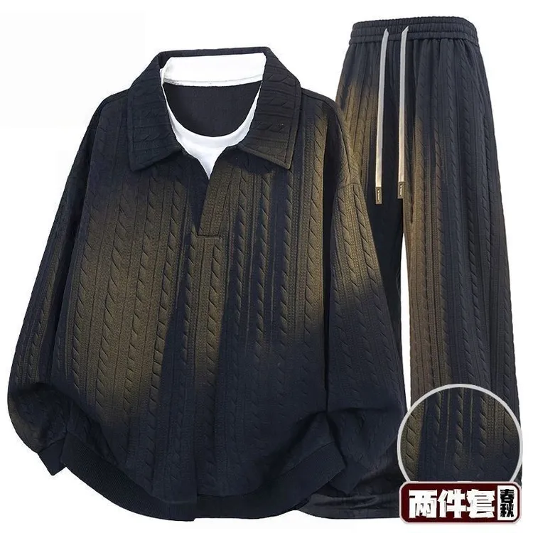 休闲套装卫裤大码假两件卫衣美式宽松版型男士潮牌翻领长袖秋季