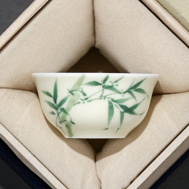 汝晗纯手绘翠釉绿竹善古主人杯陶瓷茶杯家用单杯个人专用功夫茶具