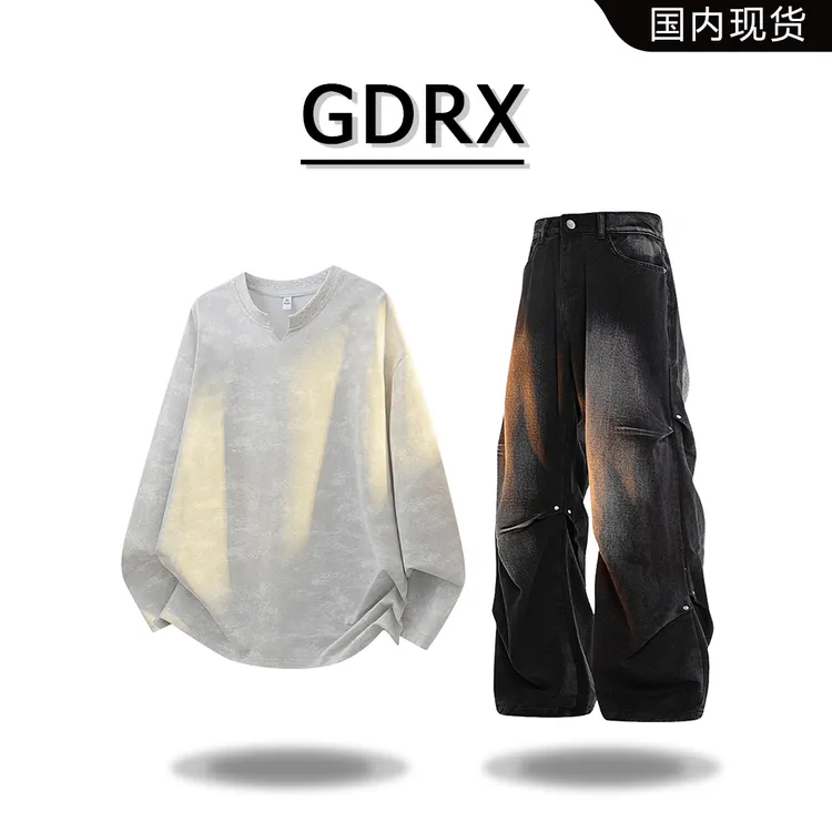GDRX春秋扎染长袖T恤套装男士宽松休闲时尚潮流褶皱痞帅牛仔长裤