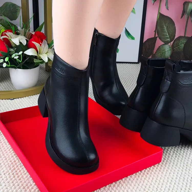 牛皮马丁靴女秋冬季新款真皮圆头粗跟低跟加绒女靴妈妈鞋单靴短靴