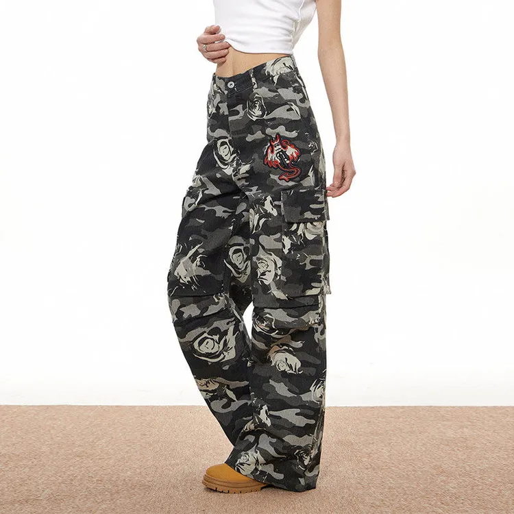梁拌泡菜玫瑰迷彩美式复古多口袋工装休闲嘻哈牛仔裤男女潮