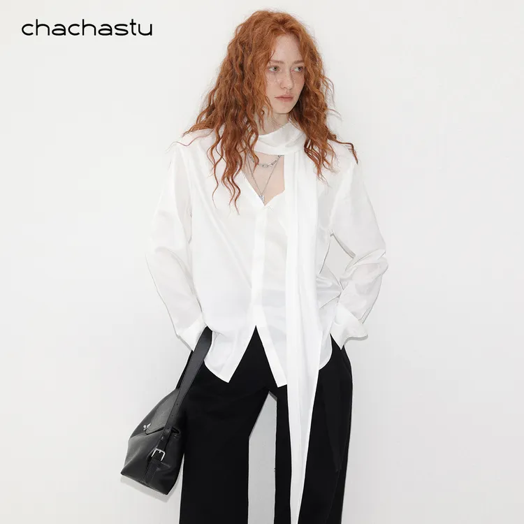 CHACHASTU【深秋速递】白月光气质不规则长飘带随性叠搭感衬衫