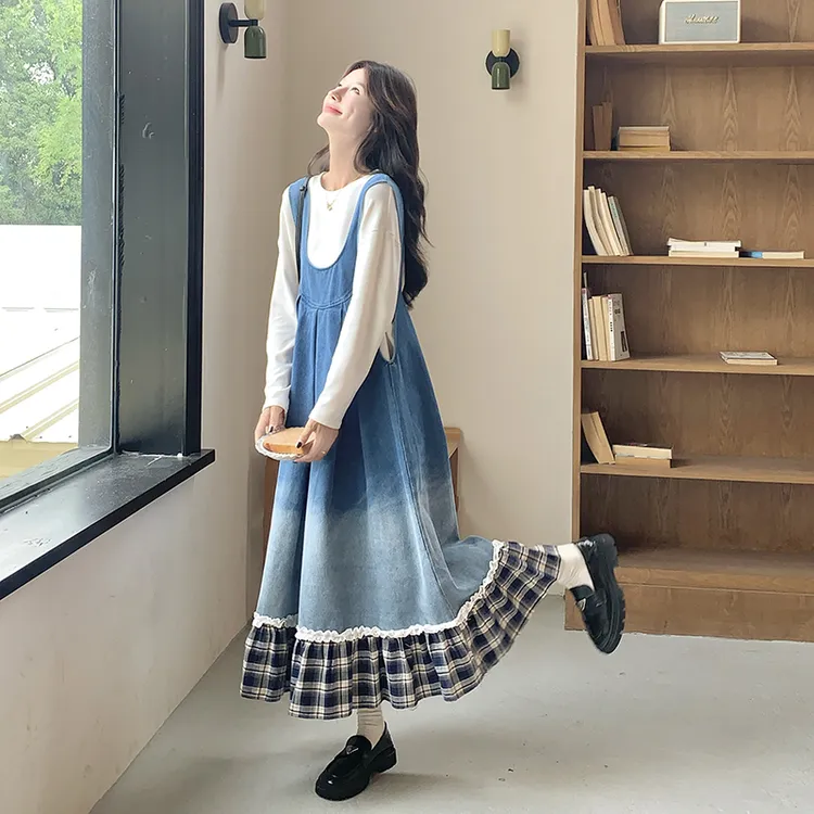 氛围感韩系设计感拼接背带裙女2025春秋新款复古中长款文艺长裙子