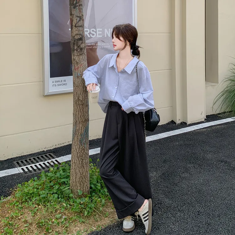 韩系松弛感蓝色衬衫阔腿裤2025早秋新款简约通勤风显瘦垂感套装裤