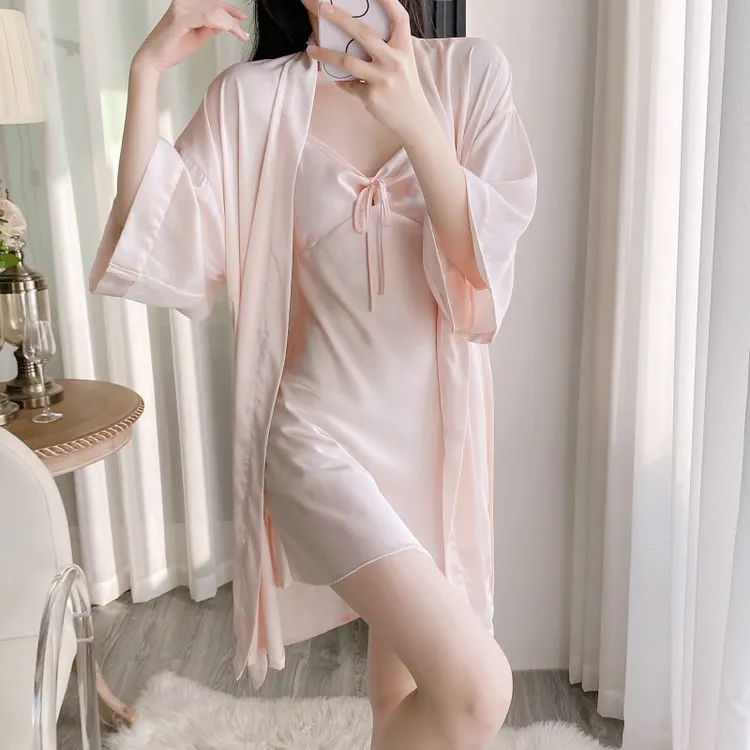 2025性感蕾丝纯色夏季新款睡衣女士冰丝睡袍吊带睡裙带胸垫家居服