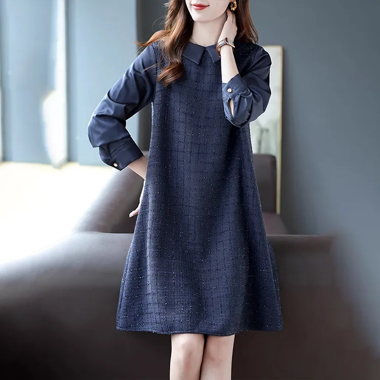 高级感小香风连衣裙女2025秋季新款大码宽松设计感亮丝细闪裙子