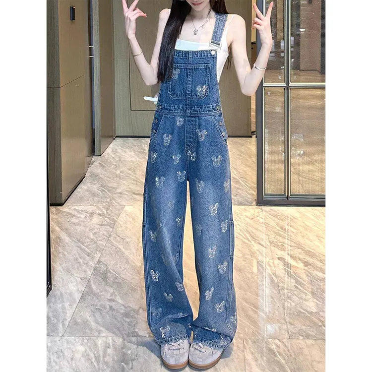 美式复古星星刺绣阔腿牛仔女夏季新款卡通米奇背带裤宽松直筒长裤