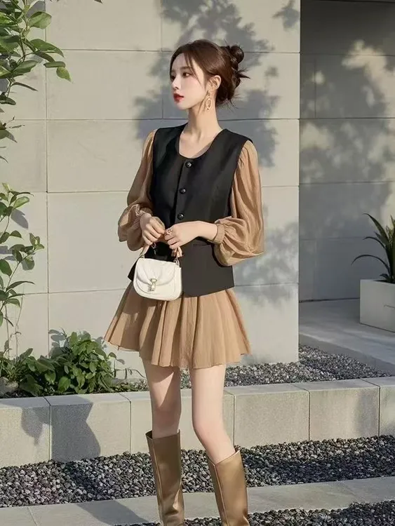 法式复古马甲长袖连衣裙女2025春秋季新款茶歇设计感洋气两件套装