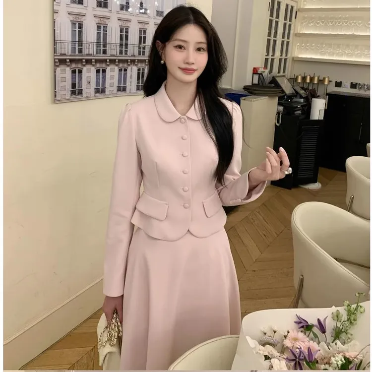 炸鸡欧尼 古早韩女 温柔复古感粉色包扣小外套A字高腰伞裙6608伊