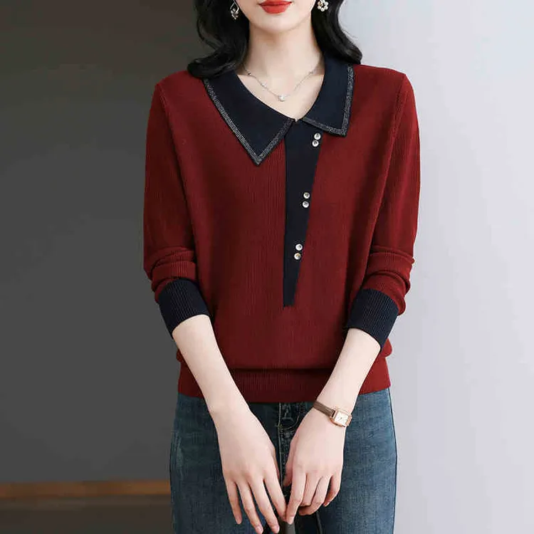 妈妈装新款女士中年妈妈娃娃翻领打底衫宽松洋气针织毛上衣t恤