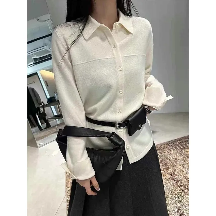 气质显瘦翻领单排扣衬衫式针织开衫女春季新款宽松polo领纯色外套