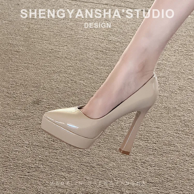 圣妍莎防水台裸色高跟鞋女2025尖头细跟一脚蹬显瘦浅口性感超高跟