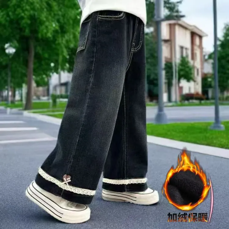 女童牛仔裤2025秋冬新款儿童加绒裤子女孩洋气加厚花边直筒休闲裤