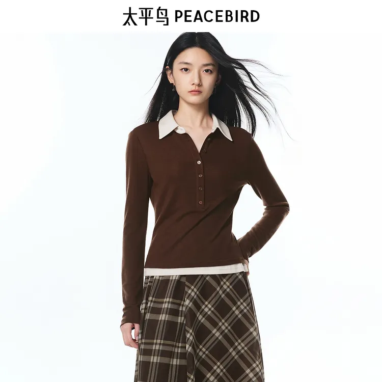 【商场同款】太平鸟流光风新款排扣polo领莱赛尔长袖T恤A3CPF3258