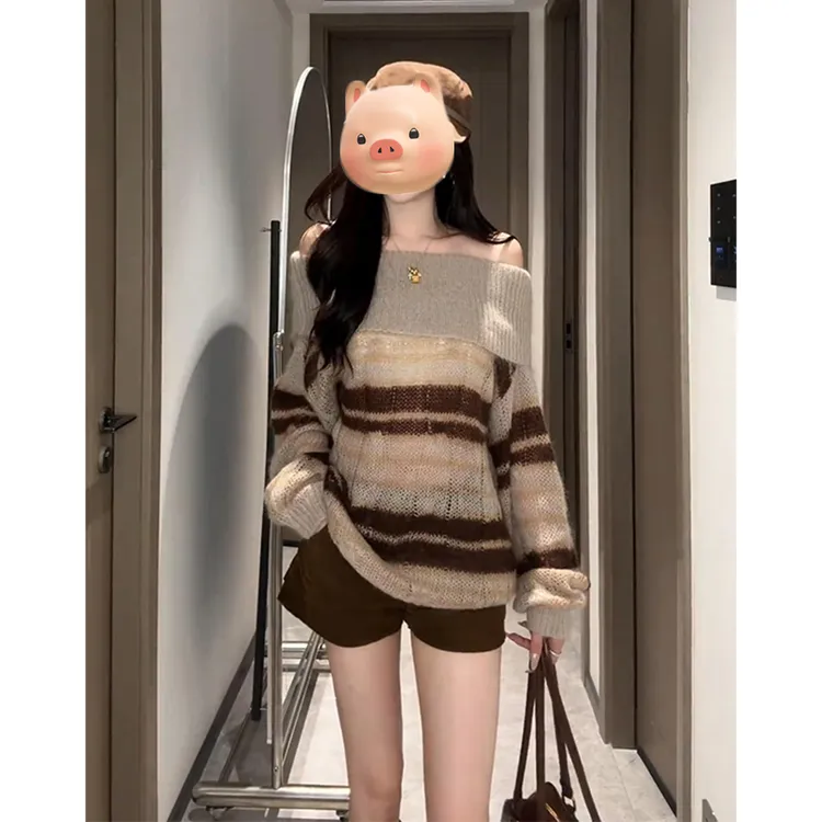 巨好看的早秋韩系穿搭撞色条纹一字肩毛衣女秋冬慵懒风针织衫上衣