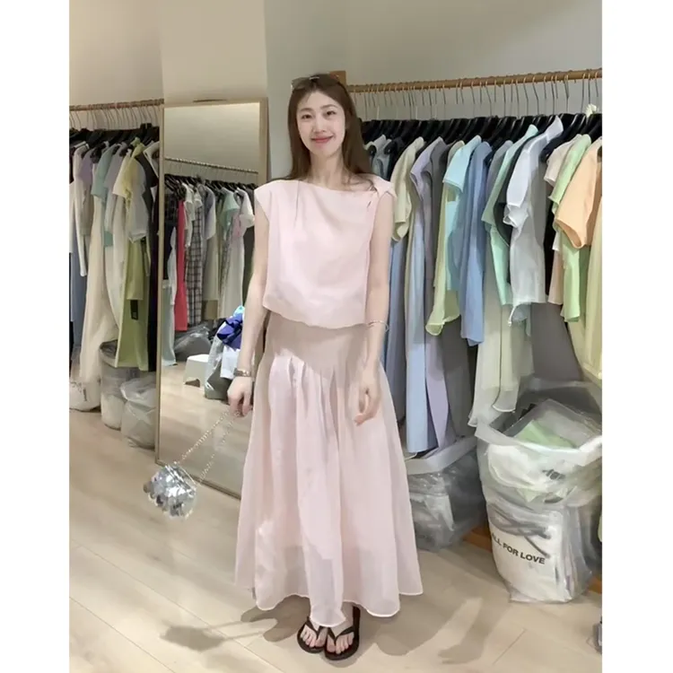 温柔风甜美套装女夏季韩系粉色扭结无袖小衫高腰显瘦半身裙两件套