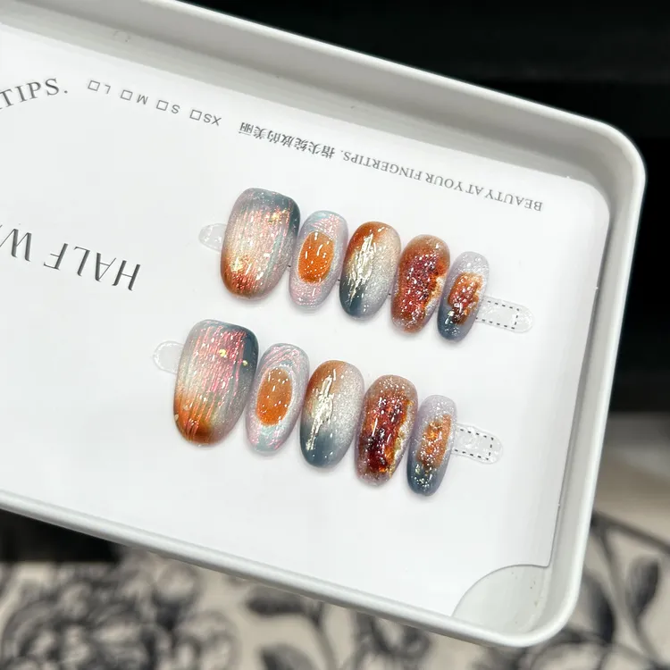 【莫高窟】蓝珊手工穿戴甲敦煌飞天极光熔金晕染焦糖金箔高级精致