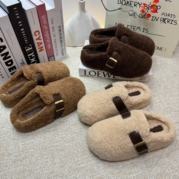 勃肯鞋包头毛毛拖鞋女外穿2025新款冬季保暖加绒防滑一脚蹬棉拖鞋