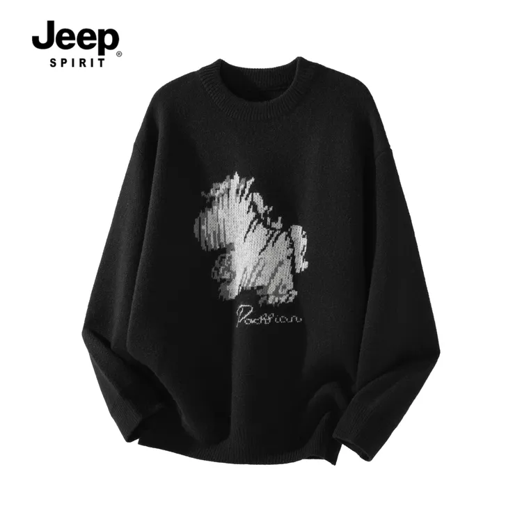 乾坤黑马本命年小马印花毛衣宽松针织印花秋冬宽松时尚圆领设计师