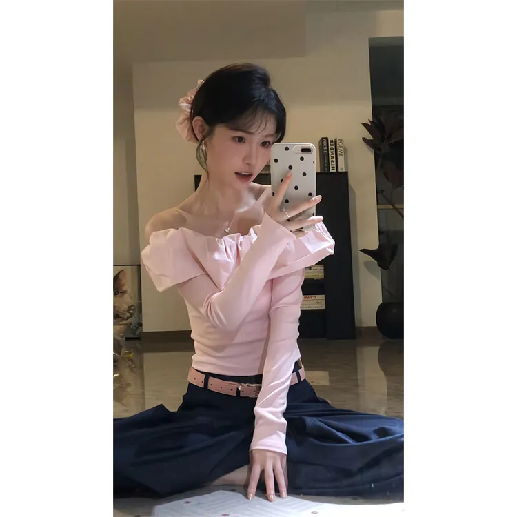 夏季法式一字肩露锁骨长袖小众荷叶边上衣直筒宽松休闲垂感阔腿裤