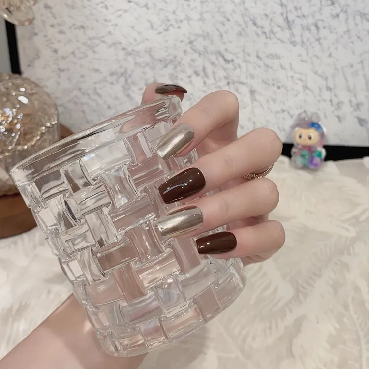 JDD【热可可】秋冬季新款焦糖咖色显白 纯手工穿戴甲片美甲贴中长款