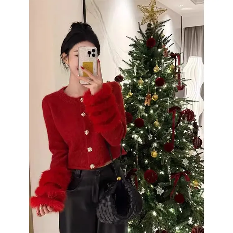 实价现货法式小香风红色毛茸茸长袖毛衣独特漂亮毛袖针织开衫上衣