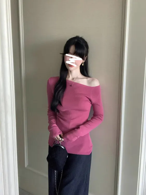 辣妹纯欲风时尚套装粉色斜肩长袖针织衫女装秋季阔腿牛仔裤两件套
