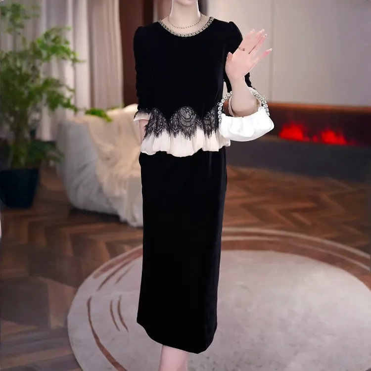洋气轻奢重工设计感连衣裙2025早秋新款女赫本风显瘦假两件套裙子