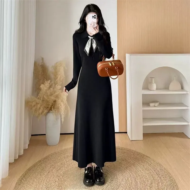 mulisha/穆丽莎法式气质长袖针织连衣裙女新款显瘦配大衣长裙