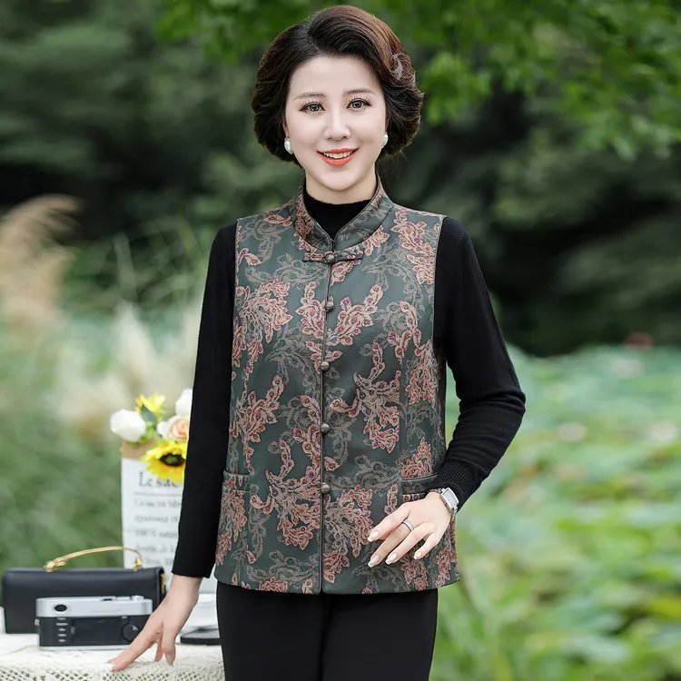 华太太妈妈春秋唐装女背心气质大码洋气中老年妈妈装C6108B 