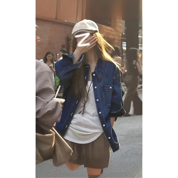 早秋女式覆古牛仔夹克春秋新款小众宽松衬衫长袖上衣