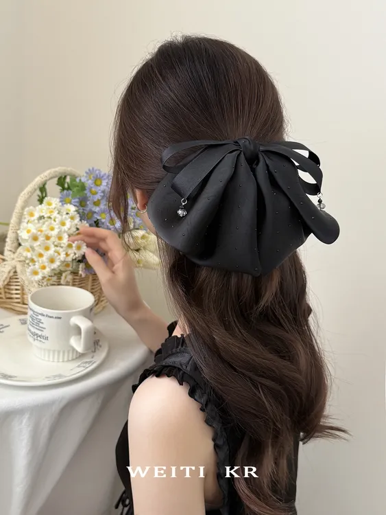 韩版高级感黑色蝴蝶结发夹精致满天星缎面抓夹轻奢百搭时尚马尾夹