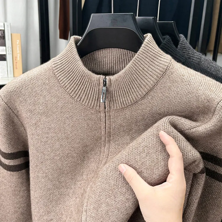 2025秋冬毛衣男士两条杠针织拉链衫加厚针织开衫中年男装爸爸装