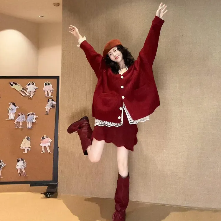 法式复古慵懒风红色毛衣针织套装女秋冬2025新款巨好看气质一整套