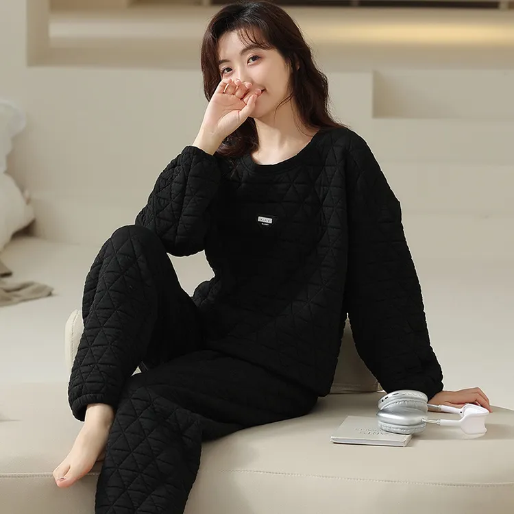 【2025新款】睡衣女士秋冬季夹层加厚空气棉休闲时尚大码圆领家居服