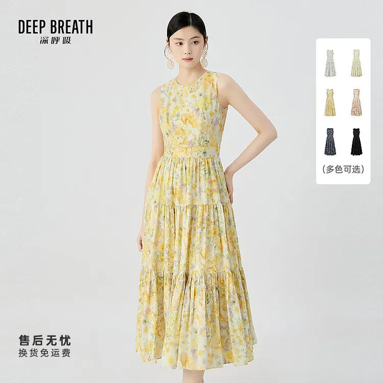 DEEP BREATH深呼吸女装无袖收腰长裙印花背心蛋糕裙连衣裙A500458