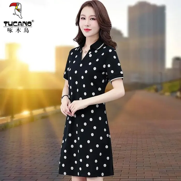 啄木鸟夏季连衣裙2025年显瘦短袖中长款气质波点休闲时尚女裙子