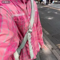 A1#早秋必备！街头连帽粉色格子长袖男女衬衫宽松百搭情侣外套潮
