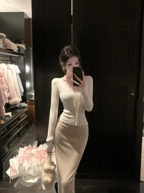 【雅乔定制】设计感V领波浪花边针织开衫上衣女长袖DYZY-25077719