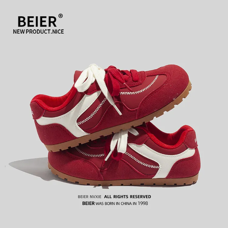 BEIER双鞋带百搭德训鞋女鞋2025秋季新款软底休闲鞋红色鞋子3678