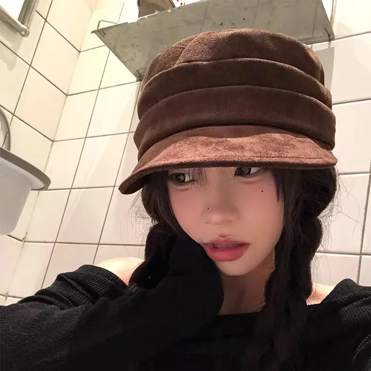 CanaryKiss松弛中古风马术帽女麂皮绒平顶鸭舌帽百搭八角帽显脸小