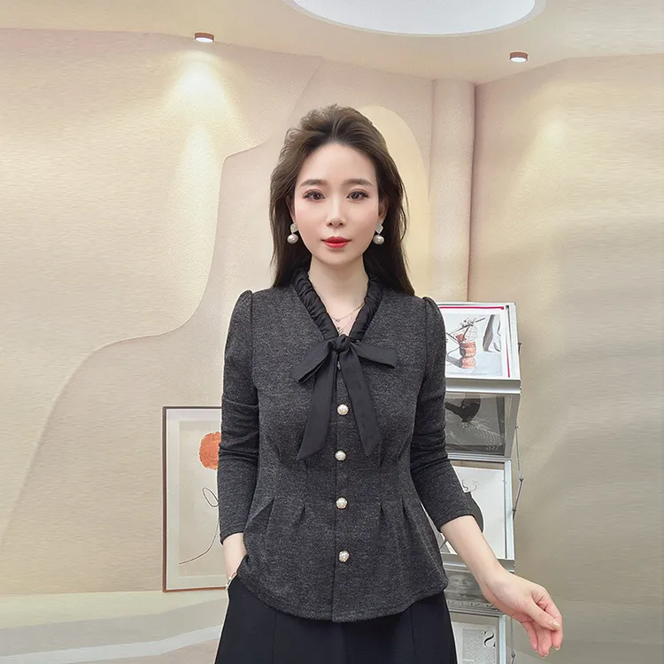 蝴蝶结领长袖小衫2025秋季厚款收腰褶皱设计遮肚子显瘦气质上衣女