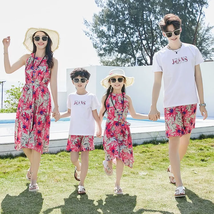母女装欧若风夏季连衣裙中长裙沙滩度假海边拍照一家三口亲子装