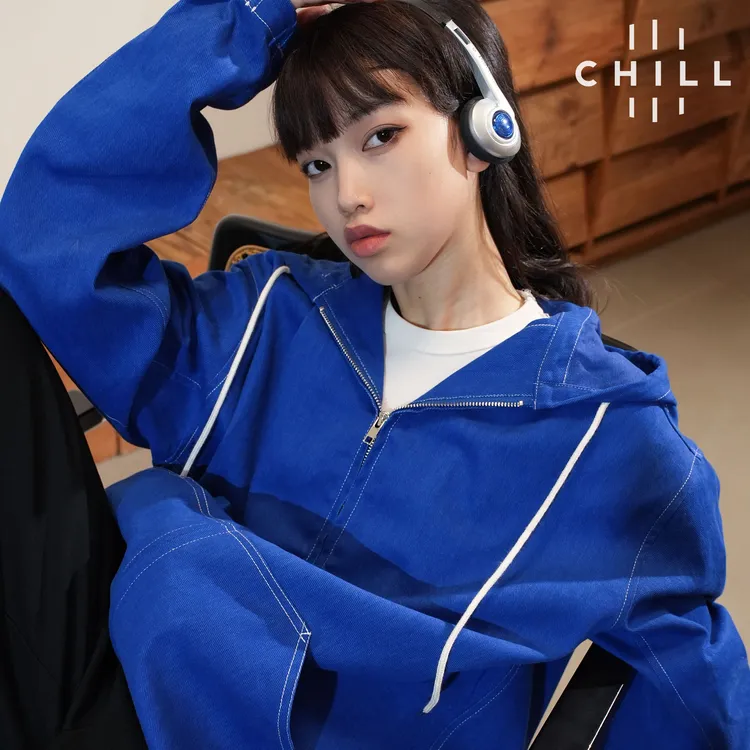 Chill 卫衣男款纯棉蓝秋季流行风格男士连帽纯色拉链牛仔帽衫外套