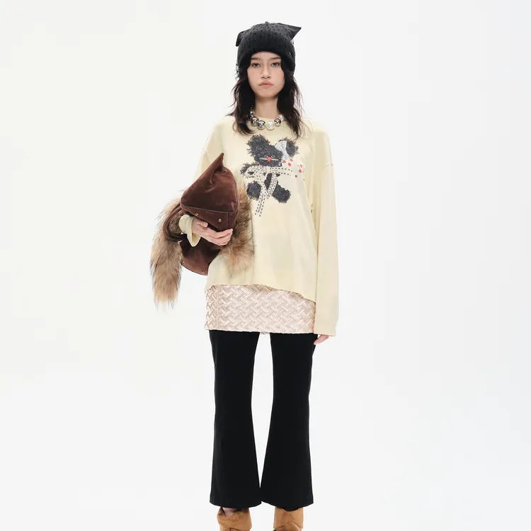 MIMBLANCHE 磨毛九分开衩喇叭裤