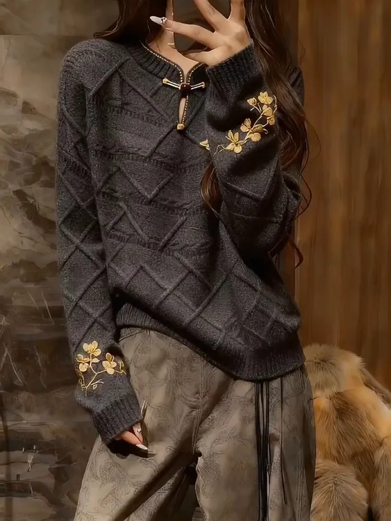 秋冬新款深灰色立领长袖针织衫女2025新中式时尚高端精致印花毛衣