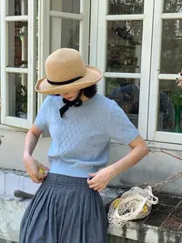 秋屿moment 自制 纯色百搭麻花针织衫短袖