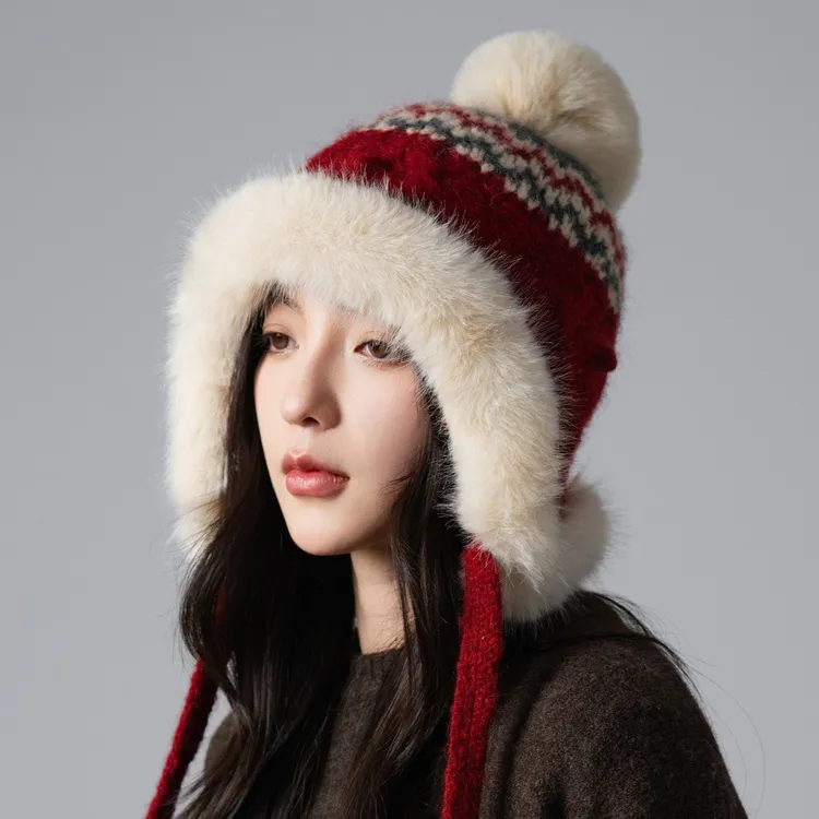毛绒护耳帽女秋冬季加厚加绒保暖雷锋帽子东北防寒百搭针织套头帽